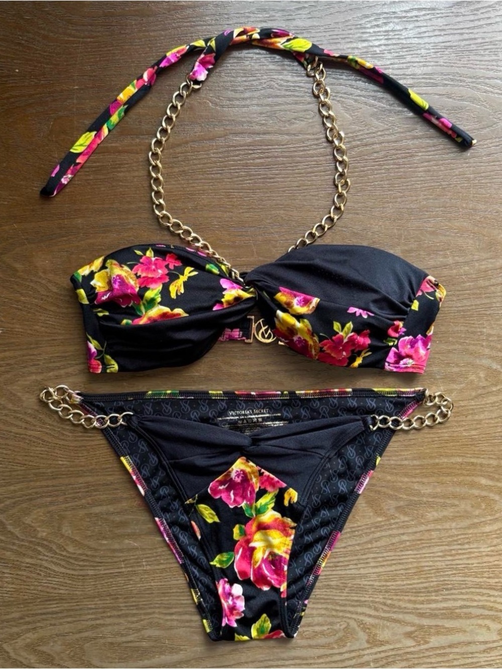 Victoria's Secret Black Bandeau Bikini with Pink & Yellow Floral Print